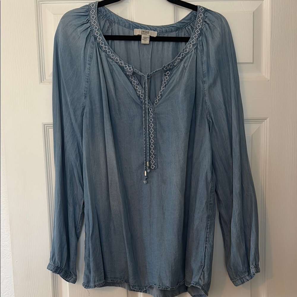 Blue Denim Peasant Blouse with Embroidery